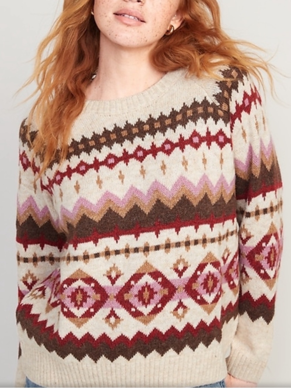 Old Navy Beige Fair Isle Crewneck Sweater with Red and Pink Accents